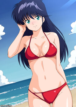 1girl 80s artist_name ayukawa_madoka beach bikini black_hair blue_eyes blue_sky breasts breasts_apart cloud highres kimagure_orange_road long_hair looking_at_viewer medium_breasts moeshino ocean oldschool red_bikini sand sky smile solo swimsuit twitter_username underboob water
