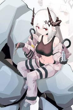 1girl absurdres arknights bare_shoulders black_horns boulder breasts brown_horns brown_sports_bra chest_sarashi chinese_commentary chisel cleavage closed_mouth commentary_request crop_top dispwnl doctor_(arknights) figure full_body hair_between_eyes highres holding holding_chisel holding_figure horns infection_monitor_(arknights) large_breasts long_hair long_sleeves looking_at_viewer material_growth midriff mudrock_(arknights) mudrock_(elite_ii)_(arknights) navel off_shoulder oripathy_lesion_(arknights) partial_commentary pointy_ears red_eyes sarashi sitting solo sports_bra white_hair zoom_layer