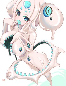 1girl absurdres ass blue_eyes blue_teeth breasts chest_mouth collarbone colored_skin colored_teeth commentary_request floating highres hikyou_takarasou huge_breasts liquid_hair looking_at_viewer monster_girl no_nipples no_pussy nude original sharp_teeth slime_(creature) slime_(substance) slime_girl teeth white_skin