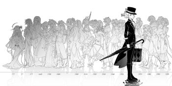 37_(reverse:1999) 6+girls arcana_(reverse:1999) ascot boater_hat boots character_request druvis_iii formal_clothes from_side full_body greyscale hair_bun hashtag-only_commentary highres holding holding_suitcase holding_umbrella isolde_(reverse:1999) jacket kiperina looking_at_viewer monochrome ms._grace_(reverse:1999) multiple_girls open_clothes open_jacket recoleta_(reverse:1999) regulus_(reverse:1999) reverse:1999 ribbon semmelweis_(reverse:1999) sentinel_(reverse:1999) short_hair simple_background solo_focus sonetto_(reverse:1999) sophia_(reverse:1999) sotheby suit suit_jacket suitcase tuesday_(reverse:1999) umbrella vertin_(reverse:1999) vest walluka white_background windsong_(reverse:1999)