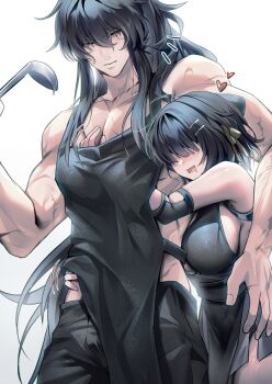 1boy 1girl alternate_breast_size_(larger) apron bare_shoulders black_apron black_dress black_hair black_pants blind blush breasts closed_mouth collarbone cowboy_shot dress drooling elbow_pads faceless faceless_female female_rover_(wuthering_waves) grey_eyes groin hair_between_eyes hair_ribbon hand_on_another&#039;s_chest heart height_difference hetero highres holding holding_ladle hug ladle large_breasts long_hair looking_at_another muscular muscular_male no_shirt notice_lines pants pectoral_grab qiuyuan_(wuthering_waves) revision ribbon rourou_(been) rover_(wuthering_waves) scar scars_all_over simple_background too_many white_background wuthering_waves yellow_ribbon