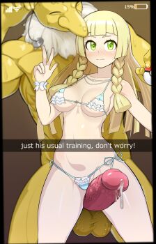 1boy 1girl alternate_breast_size_(larger) areola_slip bikini blunt_ends blush braid braided_sidelocks breasts brown_background closed_mouth collarbone colored_skin commentary english_commentary eyelashes fake_screenshot frilled_bikini frills gen_1_pokemon girthy_penis gradient_background green_eyes hetero highres holding huge_penis hypno interspecies large_areolae large_breasts lillie_(pokemon) long_hair looking_at_viewer micro_bikini nintendo nisetanaka penis poke_ball pokemon pokemon_sun_and_moon pokephilia precum side-tie_bikini_bottom sidelocks swimsuit testicles uncensored veins veiny_penis w yellow_skin