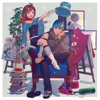 1boy 1girl 3llo_3 :d ace_(playing_card) ace_attorney ace_of_spades antenna_hair apollo_justice:_ace_attorney arm_up armchair badge bare_shoulders beanie belt black_dress black_pants blue_cape blue_eyes blue_hat book book_stack boots bottle breasts brooch brown_hair button_badge buttons cape card chair charley_(ace_attorney) commentary_request confetti copyright_name diamond-shaped_brooch double-breasted dress easel elbow_on_knee facial_hair father_and_daughter figure_four_sitting food fork gloves goatee_stubble grey_hoodie grin hand_on_own_cheek hand_on_own_face hat highres holding holding_unworn_clothes holding_unworn_hat hood hoodie jewelry knee_boots knee_up long_sleeves looking_at_viewer low_ponytail magic_trick medium_hair off-shoulder_dress off_shoulder on_chair open_mouth outstretched_arm painting_(object) pants parted_bangs pasta pendant phoenix_wright plant plate playing_card ponytail potted_plant red_scarf sandals scarf short_dress sidelocks signature single_bare_foot single_sandal sitting small_breasts smile spade_(shape) spaghetti striped_belt stubble tassel toenails top_hat trucy_wright unworn_hat unworn_headwear unworn_sandals watermark white_boots white_gloves wine_bottle zipper zipper_pull_tab