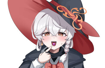 1girl blue_archive blush bow braid breasts candy eri_(blue_archive) food hat highres hood hooded_jacket jacket jewelry korean_commentary multiple_rings open_mouth pointing pointing_at_self red_bow ring sabnak66 shirt teeth tongue tongue_out upper_body white_hair white_shirt witch_hat yellow_eyes