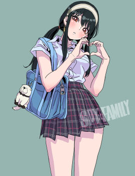 Rule 34 | 1girl, bag, black hair, blush, bond (spy x family), headband, heart, heart hands, highres, long hair, looking at viewer, pleated skirt, red eyes, school bag, school uniform, simple background, skirt, solo, spy x family, standing, yamashita shun'ya, yor briar