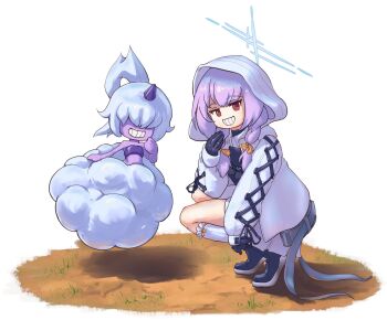 Rule 34 | 2girls, atsuko's grin (meme), atsuko (blue archive), black gloves, blue archive, cloud, colored skin, crossover, dazzi, dirt, gloves, grin, highres, horns, long hair, looking at viewer, meme, multiple girls, pal (creature), palworld, ponytail, purple hair, purple horns, purple skin, purple tube top, simple background, single horn, smile, squatting, ssgt-lulz, strapless, tube top, white background, white hair, white hood