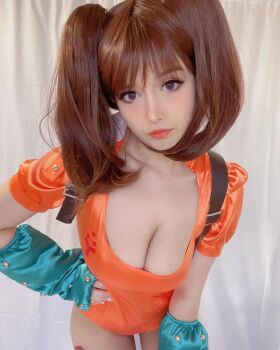 Rule 34 | 1girl, breasts, brown hair, cleavage, cosplay, cosplay photo, diane (nanatsu no taizai), diane (nanatsu no taizai) (cosplay), fingerless gloves, gloves, highres, leotard, long hair, looking at viewer, nanatsu no taizai, photo (medium), purple eyes, real life, short sleeves, suaki.rin, twintails