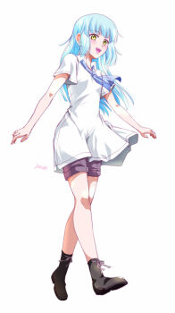 1girl aged_down artist_name blue_hair blunt_bangs boots dress eiyuu_densetsu floating_clothes floating_hair hime_cut kuro_no_kiseki_(series) long_hair looking_at_viewer open_mouth risette_twinings short_sleeves shorts simple_background smile solo walking white_background white_dress xiacheng_tatsuya yellow_eyes