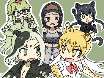 5girls :d animal_ears animal_print annoyed arm_up arms_under_breasts bare_shoulders beanie black_gloves black_hair black_leopard_(kemono_friends) black_shirt blonde_hair bow bowtie braid breasts brown_eyes brown_hair cheering chibi cleavage collarbone collared_jacket collared_shirt elbow_gloves extra_ears fang fingerless_gloves glasses gloves green_background green_eyes green_gloves green_hair green_jacket grey_pants grey_tank_top hair_between_eyes hair_bow hair_through_headwear hand_up hat high_ponytail jacket kemono_friends kemono_friends_2 legs_apart leopard_(kemono_friends) leopard_ears leopard_girl leopard_print leopard_tail long_hair long_sleeves looking_at_another low_twintails medium_breasts medium_hair midriff multicolored_hair multiple_girls navel open_mouth outline outstretched_arm over-rim_eyewear pants partially_unzipped ponytail print_gloves raised_eyebrows red_bow red_bowtie rivalry saltwater_crocodile_(kemono_friends) semi-rimless_eyewear shirt simple_background slit_pupils smile spectacled_caiman_(kemono_friends) spiked_gloves spiked_jacket spiked_sleeves srd_(srdsrd01) standing stomach tail tan tank_top twin_braids twintails two-tone_hair v-shaped_eyebrows western_lowland_gorilla_(kemono_friends) white_outline white_shirt wing_collar yellow_eyes zipper