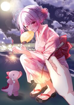 1girl black_sky braid cloud cloudy_sky commentary_request commission fireworks floral_print floral_print_kimono full_moon geta hair_bun hair_ornament hairclip hanayura_tira_(vtuber) hand_fan highres holding holding_fan indie_virtual_youtuber japanese_clothes kimono long_hair long_sleeves looking_at_viewer mei_hinamatsu moon night obi open_mouth pink_eyes pink_hair pink_kimono pov print_kimono red_sash sash second-party_source senkou_hanabi sidelighting sky smile solo_focus sparkler squatting virtual_youtuber