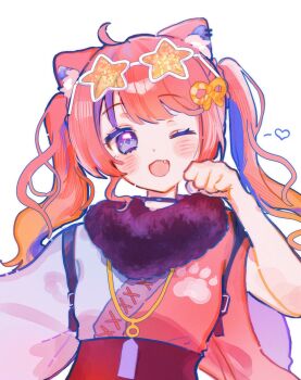 1girl ;3 ahoge ame_(am_o0zz) animal_ear_fluff animal_ear_piercing animal_ears asymmetrical_sleeves black_choker blue_eyes blue_hair blue_nails blush braid cat_ears cat_girl choker commentary eyewear_on_head fang fur_collar gradient_hair hair_ornament heart highres japanese_clothes kimono long_hair looking_at_viewer mismatched_sleeves multicolored_hair multicolored_kimono nail_polish nekomata nekoyashiki_miku nijisanji obi one_eye_closed open_mouth orange-tinted_eyewear orange_hair paw_pose paw_print red_hair red_kimono rope sash shimenawa simple_background smile solo standing star-shaped_eyewear star_(symbol) streaked_hair sunglasses symbol-only_commentary tinted_eyewear twintails twintails_with_braided_base upper_body virtual_youtuber white_background white_kimono wide_sleeves