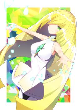 Rule 34 | 1girl, abstract background, aqua background, banzai mon, bare shoulders, black background, black leggings, blonde hair, blue background, blunt bangs, blunt ends, border, breasts, chest jewel, cleavage, closed mouth, cowboy shot, dress, gem, green background, green eyes, green gem, hair over one eye, highres, leggings, light smile, long hair, looking at viewer, lusamine (pokemon), nintendo, outside border, outstretched arms, pink background, pokemon, pokemon sm, red background, short dress, sleeveless, sleeveless dress, solo, spread arms, third-party source, turtleneck, turtleneck dress, two-tone leggings, white background, white border, white dress, white leggings, yellow background