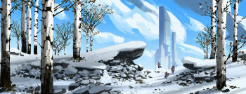 3others birch_tree blue_sky cloud commentary english_commentary from_behind highres landscape lorenzo_lanfranconi multiple_others original painterly pillar rock scenery sky snow tree winter