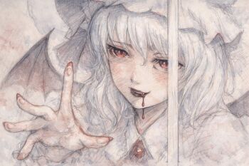 Rule 34 | 1girl, against glass, against window, bat wings, blood, blood drip, blood in mouth, blue hair, brooch, collared shirt, commentary request, fang, furato44, hat, jewelry, lips, medium hair, mob cap, realistic, red eyes, red nails, remilia scarlet, shirt, sketch, solo, touhou, traditional media, window, wings