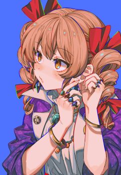 1girl bangle blue_background blush bow bracelet brown_hair coat drill_hair earrings fingernails hair_between_eyes hair_bow hands_up highres jewelry long_hair long_sleeves necklace noriuma parted_lips pendant purple_coat putting_on_earrings putting_on_jewelry red_bow ring sidelocks simple_background solo touhou twin_drills upper_body yorigami_jo'on