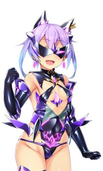 1girl :d animal_ears areola_slip black_gloves blue_hair breasts corruption covered_erect_nipples covered_navel cowboy_shot crown dark_persona earrings elbow_gloves evil_aqua fang fujii_natsumi_(ysphere) game_cg gem gloves glowing gradient_hair highleg highleg_leotard jewelry large_variant_set leotard looking_at_viewer mask mind_control multicolored_hair non-web_source official_art open_mouth pubic_tattoo purple_hair satou_kuuki shiny_clothes short_hair simple_background small_breasts smile solo soukou_seiki_ysphere standing sunglasses tattoo thighhighs transparent_background twintails variant_set