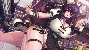 Rule 34 | 1girl, :o, absurdres, ahoge, apron, architecture, black nails, breasts, china dress, chinese clothes, cleavage, commentary request, crawling dreams, double bun, dress, dutch angle, east asian architecture, fingerless gloves, gloves, hair bun, hand fan, highres, huge breasts, leg up, long hair, maid, maid apron, nyarla (osiimi), osiimi, purple eyes, purple hair, solo, thick thighs, thighs, tongue, white gloves