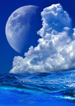 blue_sky cloud cloudy_sky commentary_request day half_moon hoshiumisora moon no_humans ocean original outdoors partially_underwater_shot photorealistic realistic scenery sky sky_focus water