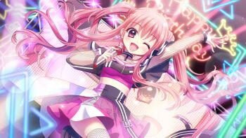 1girl ;d arm_up asahi_hina birthday black_boots black_shirt boots breasts concert crop_top crop_top_overhang diffraction_spikes dot_nose dutch_angle english_text film_grain fishnet_sleeves fishnet_thighhighs fishnets floating_hair game_cg hand_up happy_birthday holding holding_microphone idol idol_clothes izumi_tsubasu lens_flare long_hair looking_at_viewer medium_breasts microphone midriff neon_lights non-web_source official_art one_eye_closed open_mouth pink_eyes pink_hair pink_shirt pink_skirt re:stage! screen screen_zoom shirt skirt smile solo sparkle stage_lights standing standing_on_one_leg thighhighs twintails very_long_hair