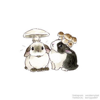 animal animal_ears animal_focus artist_name berry_jou highres mushroom mushroom_on_head no_humans original rabbit rabbit_ears rabbit_tail simple_background tail traditional_media white_background