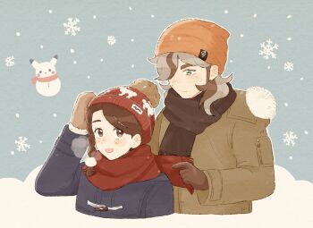 Rule 34 | 1boy, 1girl, arven (pokemon), beanie, blush, braid, brown coat, brown eyes, brown gloves, brown hair, brown scarf, closed mouth, coat, commentary request, eyelashes, fuyuu (float 39bui), gen 1 pokemon, gloves, green eyes, hat, highres, juliana (pokemon), long sleeves, looking down, nintendo, open mouth, orange headwear, pikachu, pokemon, pokemon sv, red headwear, red scarf, scarf, smile, snowflakes, snowing, upper body, winter, winter clothes