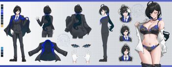 absurdres ahoge artist_logo black_bra black_choker black_hair black_jacket black_panties black_pants black_shoes black_suit blue_eyes blue_necktie bow bra breasts choker collarbone collared_shirt color_guide commission eyes_visible_through_hair formal_clothes hair_bow hair_over_one_eye hands_on_own_head highres jacket jacket_on_shoulders logo long_hair multiple_views navel necktie original panties pants purple_bow reference_sheet shinoillust shirt shoes stomach suit thigh_gap twitter_username underwear undressing vgen_commission white_shirt