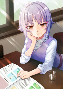 Rule 34 | 1girl, arm support, blush, brown eyes, chair, commentary request, cup, day, dress shirt, drink, drinking glass, female focus, fingernails, hair flaps, hair ornament, hairclip, hand on own face, idolmaster, idolmaster cinderella girls, indoors, koshimizu sachiko, long sleeves, looking at viewer, momoda yasuhito, parted lips, purple hair, purple vest, shirt, smile, solo, sunlight, table, vest, white shirt, window