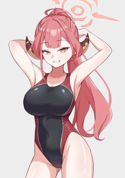 1girl absurdres arms_up aru_(blue_archive) black_one-piece_swimsuit blue_archive blush breasts brown_horns cleavage collarbone competition_swimsuit covered_navel grey_background grin halo high_ponytail highres horns large_breasts long_hair looking_at_viewer low_horns minaduki0707 one-piece_swimsuit pink_hair pink_halo ponytail red_one-piece_swimsuit school_swimsuit simple_background smile solo swimsuit thighs yellow_eyes