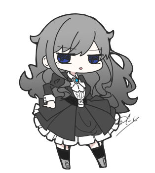 1girl absurdres ascot black_dress black_thighhighs blue_eyes breasts center_frills chibi chibi_only commentary dress frills full_body garter_straps gothic_lolita grey_hair highres juliet_sleeves large_breasts lolita_fashion long_hair long_sleeves looking_at_viewer oofushi_ao original parted_lips puffy_sleeves signature solo standing thighhighs very_long_hair wavy_hair white_ascot white_background