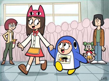 1boy 4girls animal_costume animal_hat azumanga_daiou black_hair blouse bow bowtie brown_footwear brown_hair cat_hat child creator_connection crossover green_hair green_shirt hand_on_own_hip hat highres holding_hands kasuga_ayumu koiwai_yotsuba kosaka_kokoro lolwutburger looking_at_another medium_hair mihama_chiyo mr._koiwai multiple_crossover multiple_girls open_mouth orange_hair parody penguin_costume quad_tails red_hair school shirt short_hair signature skirt smile socks style_parody surprised thick_outlines toon_(style) waitress walking wallaby wallaby_(series) white_shirt wide-eyed yotsubato!