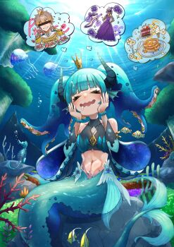1boy 1girl abs bare_shoulders bead_bracelet beads blue_flower bracelet bubble censored censored_identity cleavage_cutout clothing_cutout clownfish collarbone coral crown detached_sleeves dress english_text fins fish flower hands_on_own_face head_fins high_heels highres horns jellyfish jewelry light_rays mermaid monster_girl navel original pendant purple_dress rabe_(rabe64311012) saliva seahorse sidelocks solo_focus speech_bubble tentacle_hair thick_eyebrows thought_bubble twintails underwater wavy_mouth
