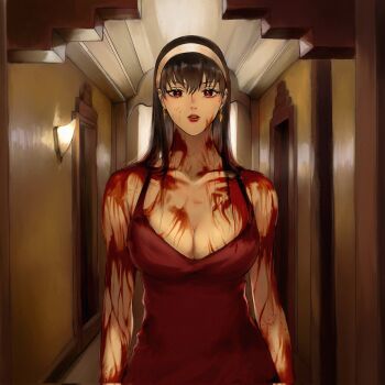 1girl american_horror_story bare_shoulders black_hair blood blood_on_arm blood_on_cheek blood_on_chest blood_on_clothes blood_on_neck blood_on_shoulder bloody_clothes bloody_dress breasts cleavage commentary dress earrings english_commentary gold_earrings hair_between_eyes henoopd highres indoors jewelry large_breasts lips long_hair looking_at_viewer nose parted_lips photo-referenced red_dress red_eyes red_lips sidelocks solo spy_x_family upper_body wall_lamp yor_briar