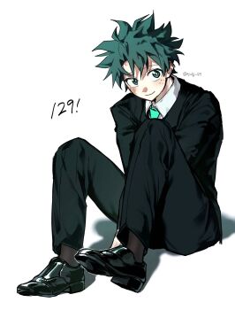 1boy black_jacket black_pants black_shoes black_socks black_suit boku_no_hero_academia closed_mouth collared_shirt dress_shoes facial_scar formal_clothes freckles full_body green_eyes green_hair green_necktie hair_between_eyes hashtag-only_commentary highres jacket lapels long_sleeves looking_to_the_side male_focus midoriya_izuku myalg_129 necktie pants scar scar_on_cheek scar_on_face shirt shoes short_hair sideways_glance sitting smile socks solo suit suit_jacket twitter_username white_background white_shirt wing_collar