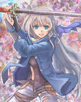 Rule 34 | 1girl, beads, blue eyes, clothing cutout, commentary request, crossed bangs, denim, eiyuu densetsu, highres, holding, holding sword, holding weapon, jeans, kai no kiseki, koyagistock, kuro no kiseki (series), long hair, loose clothes, open mouth, pants, prayer beads, shizuna rem misurugi, simple background, sword, sword tassel, tassel, thigh cutout, torn clothes, torn jeans, torn pants, weapon, weapon tassel, white hair