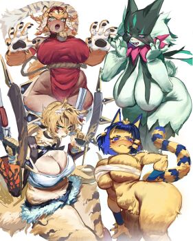 4girls absurdres animal_crossing animal_ear_fluff animal_ears animal_hands animal_nose animal_print ankha_(animal_crossing) bandages bell blonde_hair blue_eyes blue_hair blush body_fur breasts budget_sarashi cat_ears cat_girl cat_tail character_request chest_sarashi chinese_clothes chinese_zodiac claw_pose claws cleavage cleavage_cutout closed_mouth clothing_cutout dark-skinned_female dark_skin denim denim_shorts dress dual_wielding facial_mark fang fangs fish_hair_ornament furrification furry furry_female garu_(poch4n) green_eyes green_fur green_hair gun hair_ornament hand_on_own_hip highres holding holding_gun holding_weapon huge_breasts large_breasts leaning_forward long_hair looking_at_viewer mask mask_on_head meowscarada micro_shorts multicolored_fur multicolored_hair multiple_girls navel nintendo open_mouth orange_fur paw_pose pawpads plump pokemon pokemon_(creature) ponytail pulchra_fellini reallycute456 red_dress red_eyes sarashi sharp_teeth short_hair short_shorts shorts simple_background smile snout standing strapless striped_tail tail teeth thick_thighs thighs tiger_ears tiger_girl tiger_print tiger_stripes tiger_tail tube_top two-tone_fur weapon whiskers white_background wide_hips year_of_the_tiger yellow_fur zenless_zone_zero