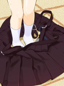 artist_name bag black_skirt close-up commentary_request fujino_mariya highres legs loafers long_sleeves lower_body miniskirt multiple_girls no_shoes original pleated_skirt school_uniform shirt shoes sitting skirt socks suspenders white_shirt