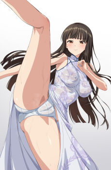 1girl bare_arms bare_shoulders blunt_bangs blush breasts brown_eyes brown_hair cameltoe china_dress chinese_clothes closed_mouth commission covered_erect_nipples cowboy_shot dress flexible fuooooo grey_background high_kick highres idolmaster idolmaster_cinderella_girls kicking kurokawa_chiaki large_breasts leg_up long_hair looking_at_viewer no_bra panties pixiv_commission see-through_clothes simple_background sleeveless sleeveless_dress smile solo split spread_legs standing standing_on_one_leg standing_split sweat underwear white_background white_dress white_panties