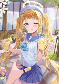1girl 1other absurdres aqua_ascot ascot beret blonde_hair blue_eyes blue_sailor_collar blue_skirt blunt_bangs blurry blurry_foreground blush bracelet collarbone commentary_request contrapposto cowboy_shot cup day drinking_straw fingernails floating_hair flower food frilled_sailor_collar frills fruit glass halo hat highres holding holding_cup ice ice_cube jewelry lemon lemon_slice lemonade long_hair looking_at_viewer matsumoto_yuu miniskirt nail_polish one_eye_closed open_mouth original out_of_frame outdoors path plant pleated_skirt potted_plant pov reflection road sailor_collar school_uniform serafuku shirt skirt sleeveless sleeveless_shirt smile solo_focus summer summer_uniform sunlight tile_floor tiles tree twintails very_long_hair white_flower white_hat white_shirt window yellow_halo yellow_nails
