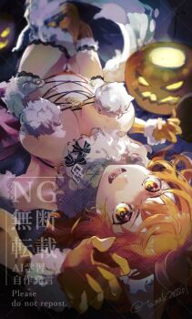1girl ahoge animal_ears bare_shoulders bow breasts cleavage cosplay elbow_gloves fate/grand_order fate_(series) fujimaru_ritsuka_(female) fur-trimmed_gloves fur-trimmed_thighhighs fur_collar fur_trim gloves hanako_(onikutabetaiyo) jack-o&#039;-lantern lace lace-trimmed_thighhighs lace_trim large_breasts looking_at_viewer lying mash_kyrielight mash_kyrielight_(dangerous_beast) mash_kyrielight_(dangerous_beast)_(cosplay) navel o-ring on_back one_side_up open_mouth orange_eyes orange_gloves orange_hair orange_panties orange_thighhighs panties pumpkin revealing_clothes short_hair smile solo tail thighhighs thighs underwear wolf_ears wolf_tail