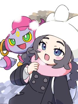 Rule 34 | 1girl, :d, ansha (pokemon), backpack, bag, black coat, blue eyes, blush stickers, breath, coat, commentary request, eyelashes, gen 6 pokemon, hand up, happy, hat, highres, hoopa, komori541milk, legendary pokemon, long hair, long sleeves, mythical pokemon, nintendo, open mouth, pink scarf, pokemon, pokemon (creature), pokemon legends: z-a, scarf, smile, snowing, white hat