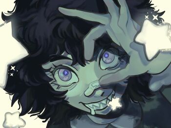 1girl aegyo_sal artist_self-insert bandaid bandaid_on_face close-up commentary drooling english_commentary eyelashes grin highres looking_at_viewer ok_sign original portrait purple_eyes sharp_teeth short_hair smile solo spybblez spybblez_(character) star-shaped_pupils star_(symbol) symbol-shaped_pupils teeth wide-eyed