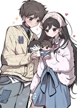 1boy 1girl alternate_eye_color black_eyes black_hair blue_pants blue_shorts blush brown_eyes brown_hair cardigan character_doll closed_mouth commentary dark-skinned_male dark_skin denim doll hashtag-only_commentary headscarf heart hero_(birthday)_(omori) hero_(faraway)_(omori) hero_(omori) highres holding holding_stuffed_toy jacket jeans long_hair long_sleeves looking_at_another mari_(birthday)_(omori) mari_(faraway)_(omori) mari_(omori) mari_(spirit)_(omori) omori pants short_hair shorts simple_background smile something_(omori) sparkle stuffed_animal stuffed_toy sweater turtleneck turtleneck_sweater white_background white_cardigan white_headscarf white_jacket wktdms1