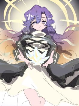 Rule 34 | 1girl, black dress, blonde hair, commentary request, cross-laced clothes, dress, flower, gradient hair, halo, highres, hijiri byakuren, holding, holding flower, layered dress, long hair, looking at viewer, lotus, multicolored hair, purple eyes, purple hair, ryouryou, smile, solo, touhou, white dress