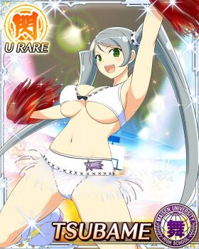 Rule 34 | 1girl, :d, arm up, bishopchessmon (white), border, breasts, card (medium), character name, cheering, cheerleader, game cg, green eyes, grey hair, gym, holding, holding pom poms, kneeling, large breasts, long hair, looking at viewer, midriff, navel, official art, open mouth, pom pom (cheerleading), pom poms, senran kagura, senran kagura new wave, skindentation, skirt, smile, solo, star (symbol), star sticker, sticker, swept bangs, third-party source, tsubame (senran kagura), twintails, underboob, very long hair, white skirt