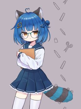 1girl ahoge alternate_costume animal_ears bespectacled blue-framed_eyewear blue_hair blue_sailor_collar blue_skirt chromashift closed_mouth collared_shirt commentary commission cowboy_shot dot_mouth english_commentary eraser eyelashes glasses grey_background hair_bun hair_ornament hairclip heart heart_ahoge highres holding leaf_hair_ornament long_sleeves pencil poko_rakun raccoon_ears raccoon_girl raccoon_tail ruler sailor_collar school_uniform scissors second-party_source serafuku shirt short_hair simple_background single_side_bun skirt solo tail thighhighs virtual_youtuber white_shirt white_thighhighs ya_(inkokatte) yellow_eyes