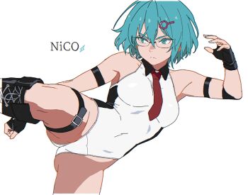 1girl aqua_eyes aqua_hair black_boots boots character_name commentary d.k dead_or_alive dead_or_alive_6 frown glasses heattech_leotard lace-up_boots leg_up leotard necktie nico_(doa) official_alternate_costume red_necktie short_necktie simple_background solo symbol-only_commentary thigh_strap turtleneck v-shaped_eyebrows white_background white_leotard