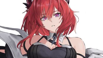 1girl arknights arknights:_endfield bare_shoulders black_horns black_shirt breasts cleavage diamond-shaped_pupils diamond_(shape) hair_between_eyes highres horns laevatain_(arknights) long_hair medium_breasts off_shoulder parted_lips portrait purple_eyes red_hair shirt shuuka simple_background solo surtr_(arknights) symbol-shaped_pupils white_background