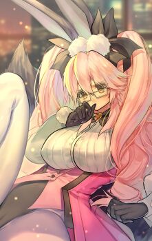 1girl absurdres animal_ears black_gloves black_tail bow bowtie breasts buttons fate/grand_order fate_(series) glasses gloves hair_ornament headband heart highres huge_breasts jacket koyanskaya_(assassin)_(second_ascension)_(fate) koyanskaya_(fate) leggings leotard mogullaz pink_hair rabbit_ears twintails white_leggings yellow_eyes