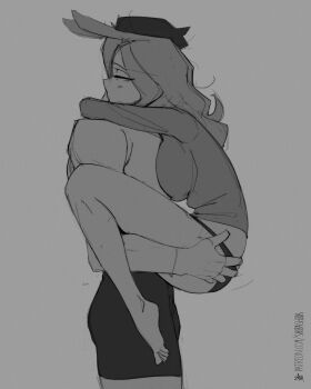 Rule 34 | 1boy, 1girl, animal ears, breast press, breasts, carrying, carrying person, closed eyes, commentary, couple, english commentary, from side, grabbing another's ass, grey background, greyscale, groping, hetero, highres, hug, large breasts, long hair, long sleeves, monochrome, original, panties, rabbit ears, rabbit girl, shibansfw, shirt, shorts, simple background, underwear