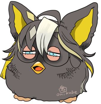 Rule 34 | black-framed eyewear, blue eyes, creature, dream journey (umamusume), full body, furby, fusion, glasses, hasbro, no humans, onikobe rin, open mouth, signature, simple background, umamusume, white background